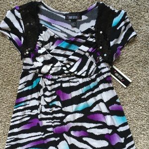 NWT Amy Byer Short Sleeve Black Dressy Top L 12 14